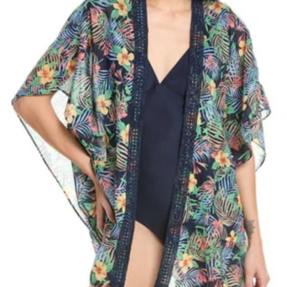 J McLaughlin Tropical Floral Kimono Swim Cover Up OS Navy Cotton Beach Resort